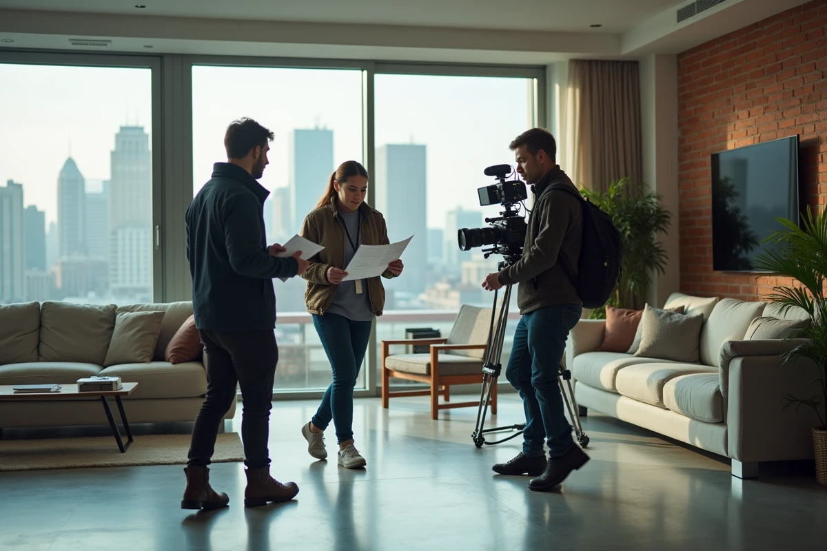 Équipe de tournage professionnelle installant son matériel dans un salon contemporain loué pour une production publicitaire