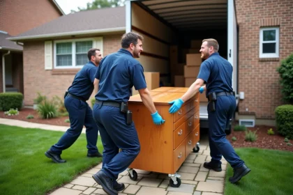 Trois déménageurs professionnels en uniforme bleu transportent un meuble