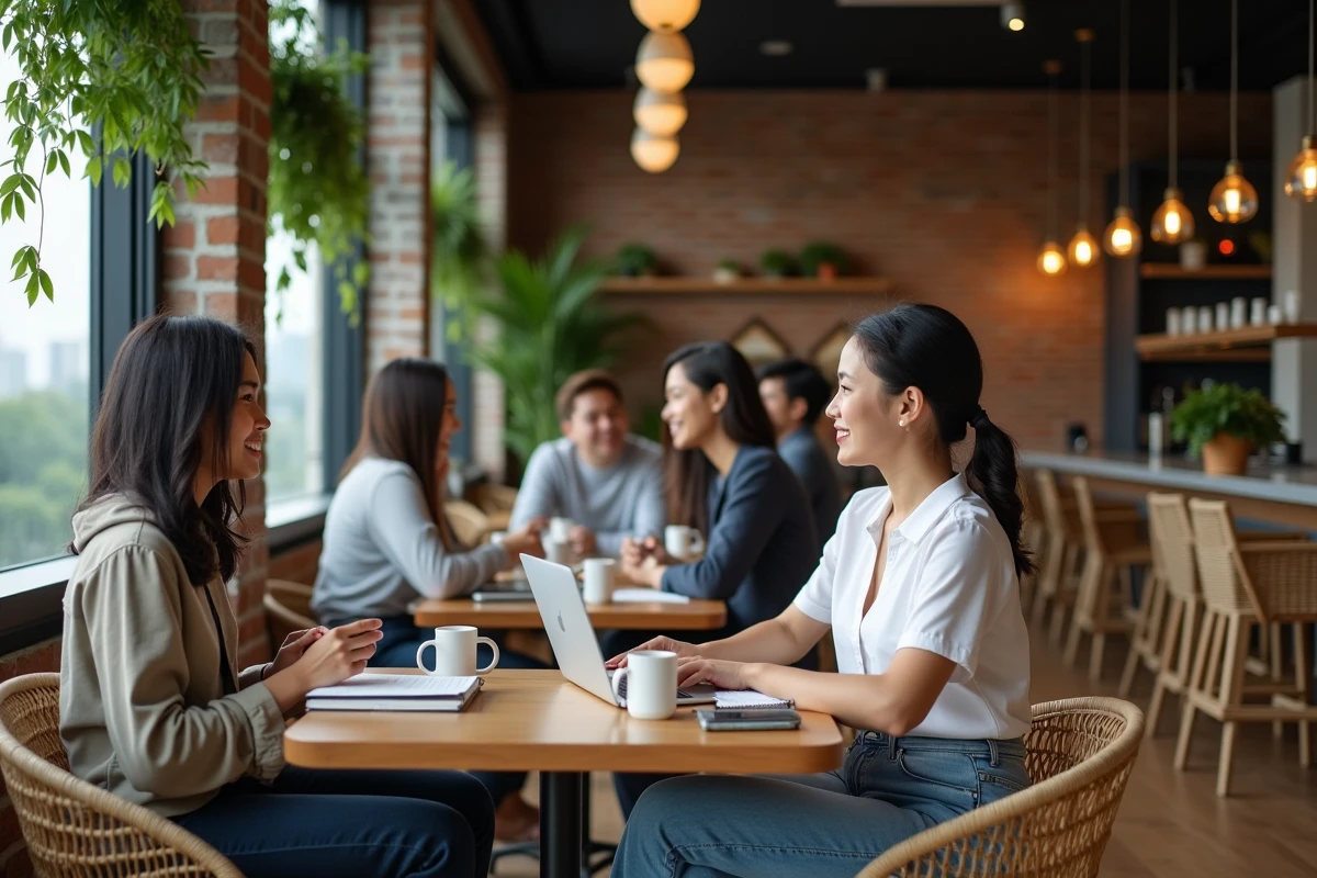Espace commun co-living dans une résidence moderne de Bangkok avec digital nomades au travail