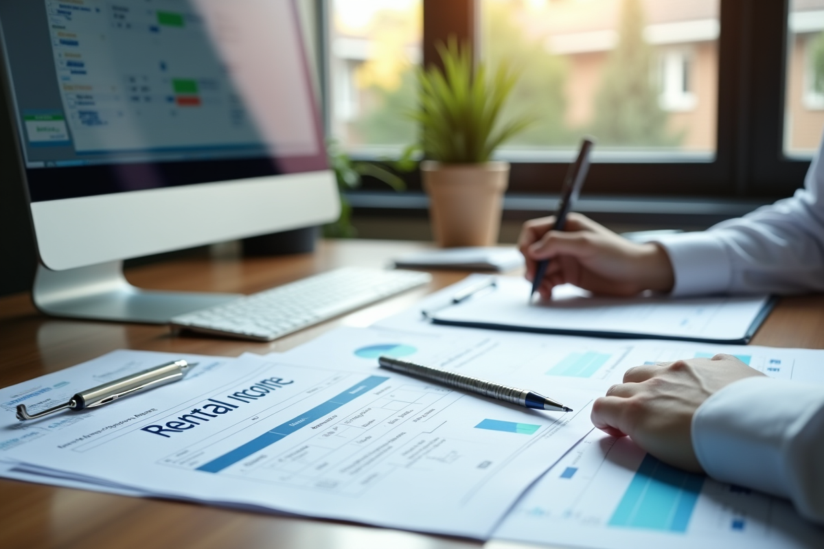 Espace de travail comptable avec documents et ordinateur