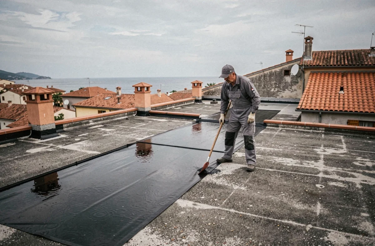 Technicien d'Étanchéités Bastiaises appliquant une membrane d'étanchéité sur une toiture plate à Bastia en Corse