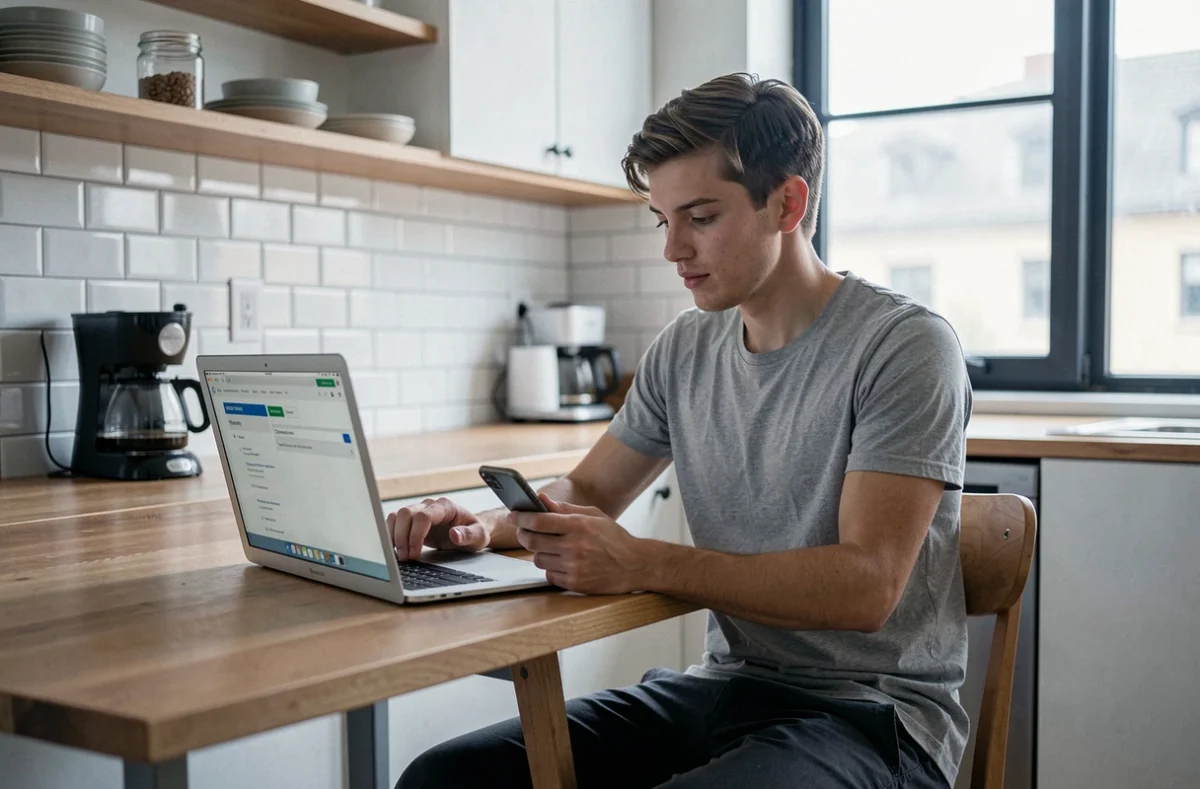 Étudiant comparant des offres d'assurance habitation en ligne dans un studio meublé
