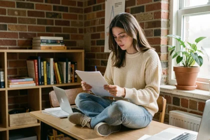 Jeune étudiante lisant un contrat d'assurance appartement dans sa chambre d'étudiant