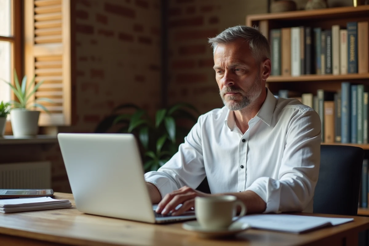 Professionnel de l'immobilier évaluant des solutions logicielles ERP depuis un bureau à domicile