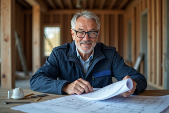 Expert en bâtiment examinant des plans de rénovation intérieure