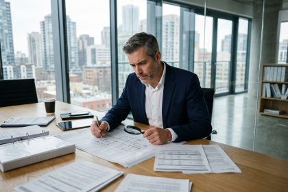 Expert immobilier professionnel analysant des documents d'évaluation et des plans architecturaux dans un bureau moderne avec vue sur la ville