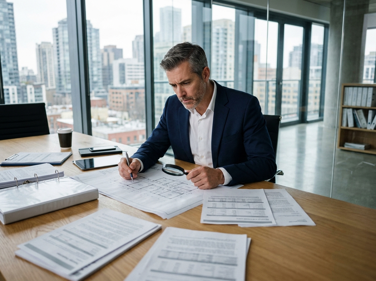 Expert immobilier professionnel analysant des documents d'évaluation et des plans architecturaux dans un bureau moderne avec vue sur la ville