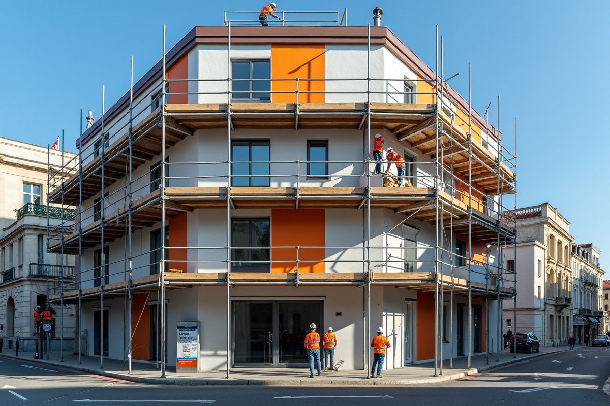 Façade d un immeuble avec isolation et travaux en cours