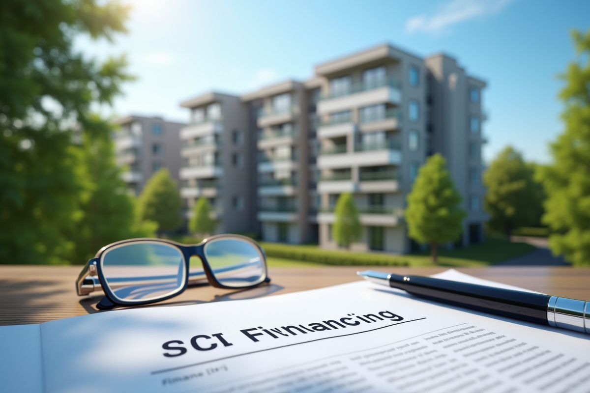 Façade d un immeuble résidentiel avec document SCI et lunettes