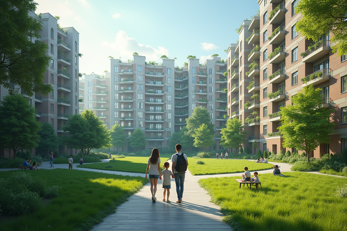 Famille dans parc urbain entouré d