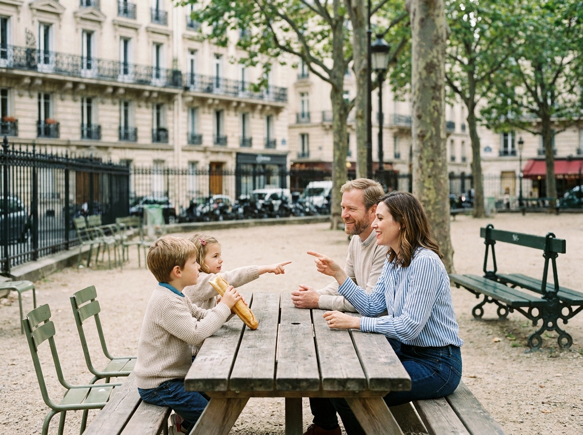 Famille parisienne profitant d'un square arboré dans le 3e arrondissement