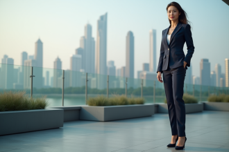 Femme d'affaires en costume sur balcon avec vue urbaine