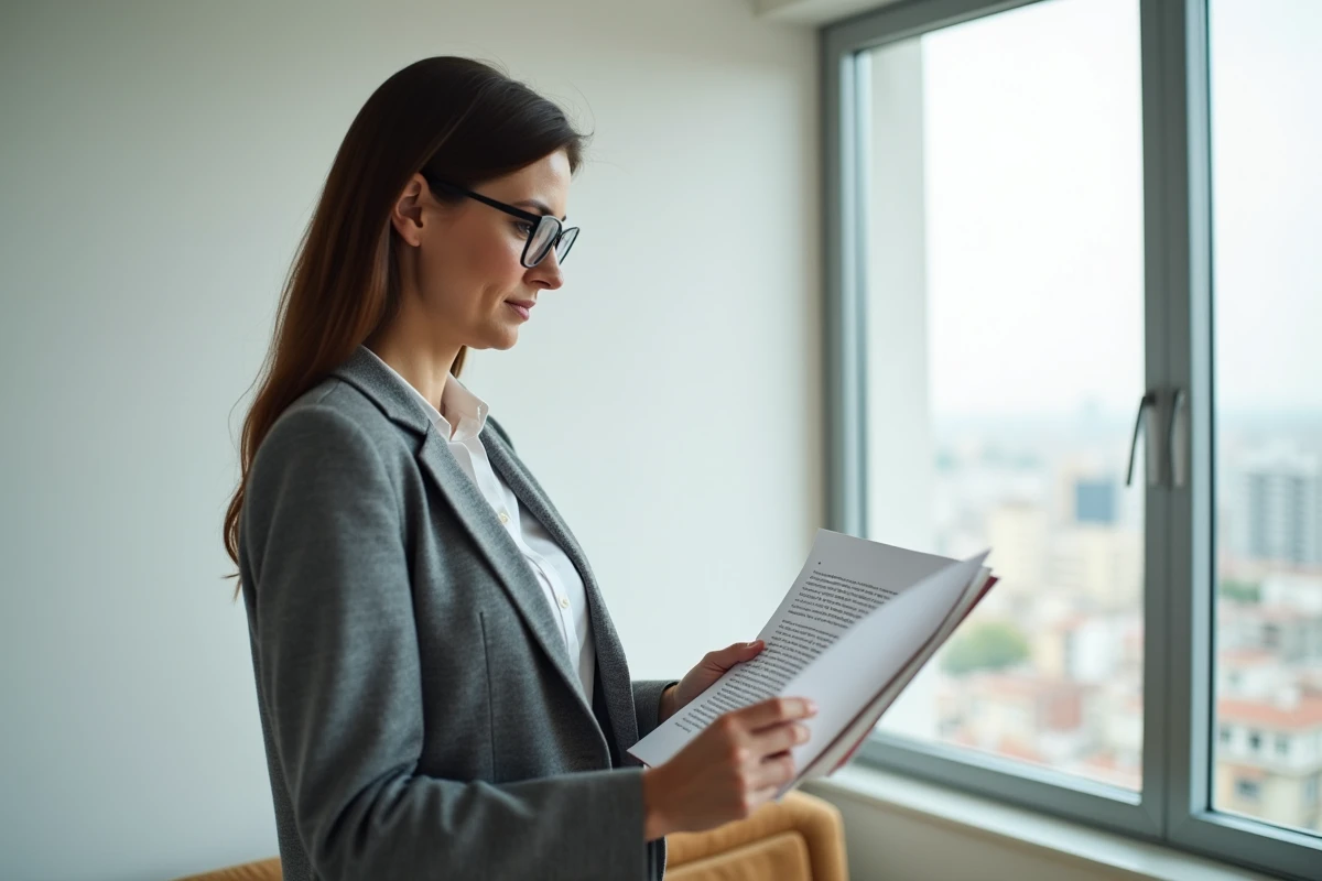 Femme analysant un contrat de cautionnement locatif avant d'envoyer une lettre de désengagement