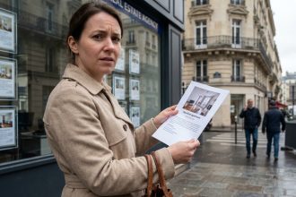 Femme consultant une annonce immobilière devant une agence parisienne dans un quartier haussmannien