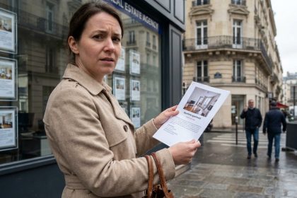 Femme consultant une annonce immobilière devant une agence parisienne dans un quartier haussmannien
