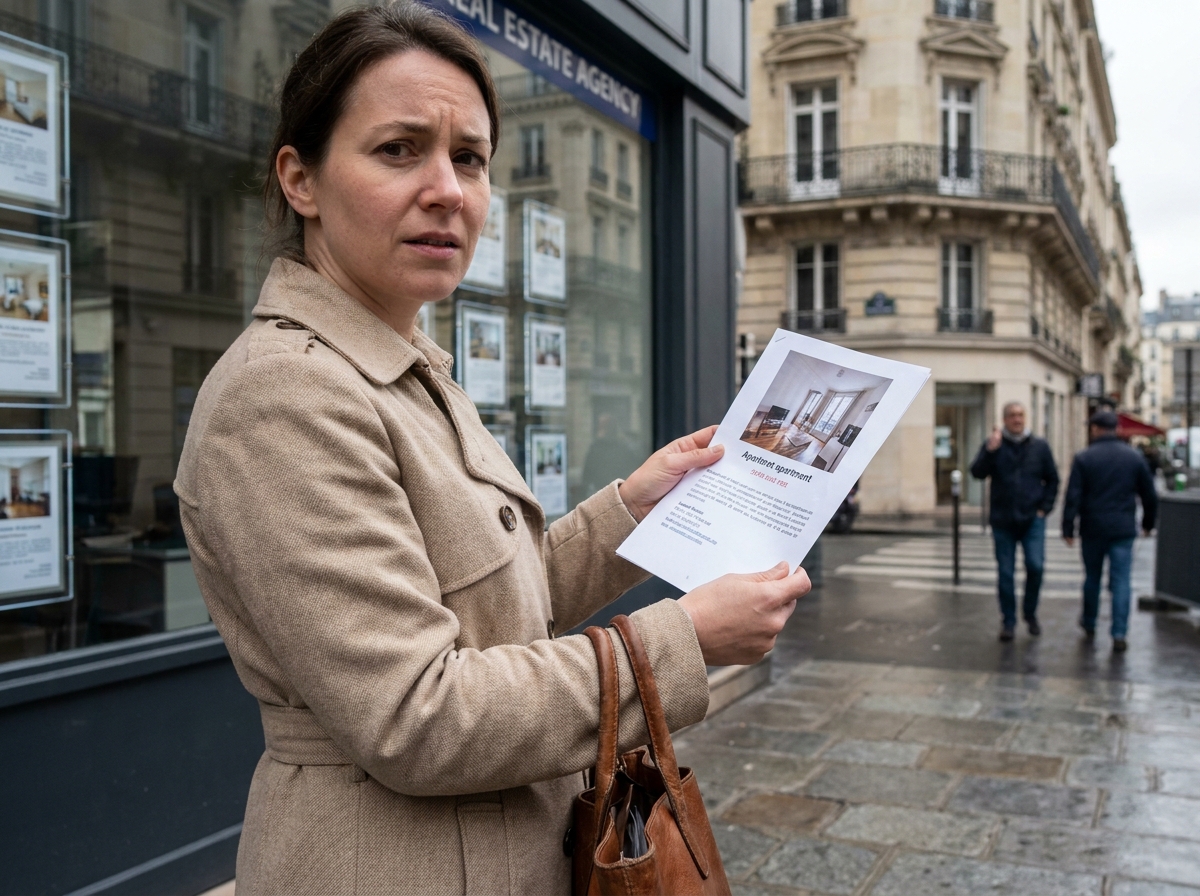 Femme consultant une annonce immobilière devant une agence parisienne dans un quartier haussmannien