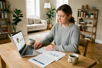 Femme consultant des documents d'assurance habitation sur la table de sa cuisine dans un appartement T3 moderne