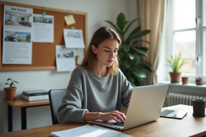 Femme consultant les avis sur un site de location immobilière comme 123loger depuis son bureau à domicile