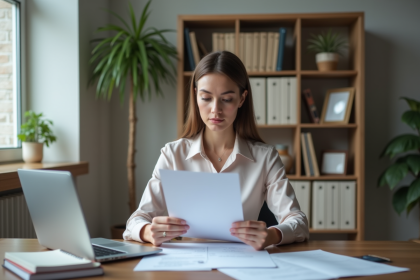 Femme professionnelle examinant des documents SIRET dans un bureau moderne