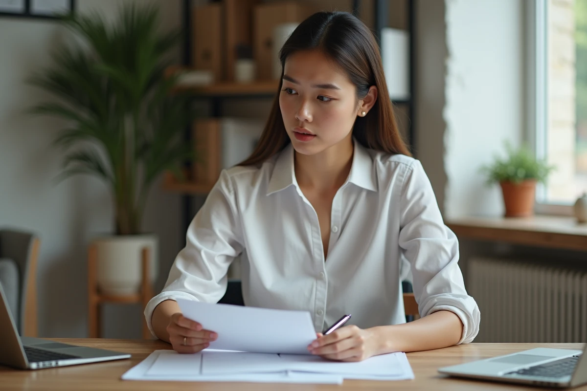 Femme en bureau moderne examinant des papiers avec souci