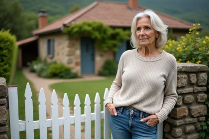 Femme r&eacute;fl&eacute;chissant pr&egrave;s d'une maison de campagne