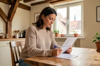 Femme consultant son contrat d'assurance habitation dans un appartement alsacien à Strasbourg