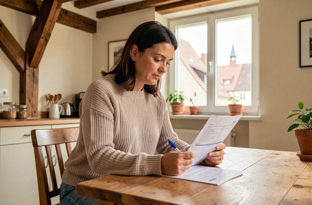 Femme consultant son contrat d'assurance habitation dans un appartement alsacien à Strasbourg