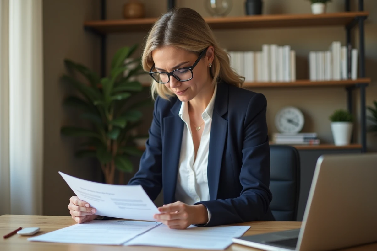 Femme professionnelle examinant un contrat d'assurance loyer impayé dans un bureau à domicile