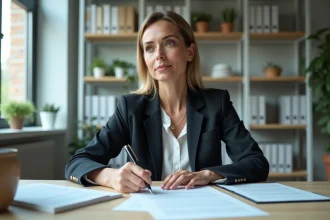 Femme d'affaires examine un contrat de location dans un bureau moderne