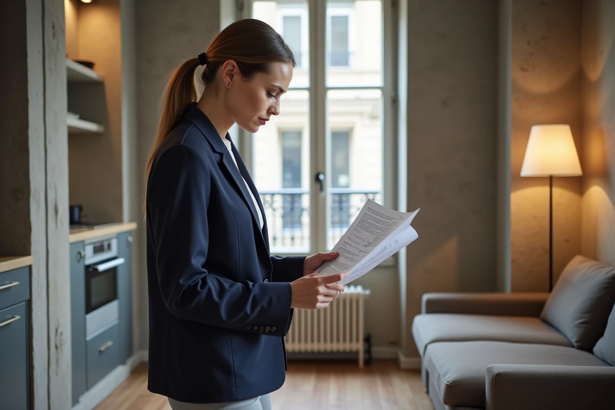 Femme examinant un contrat de location dans un appartement T1, illustrant les différences entre T1 et T1bis