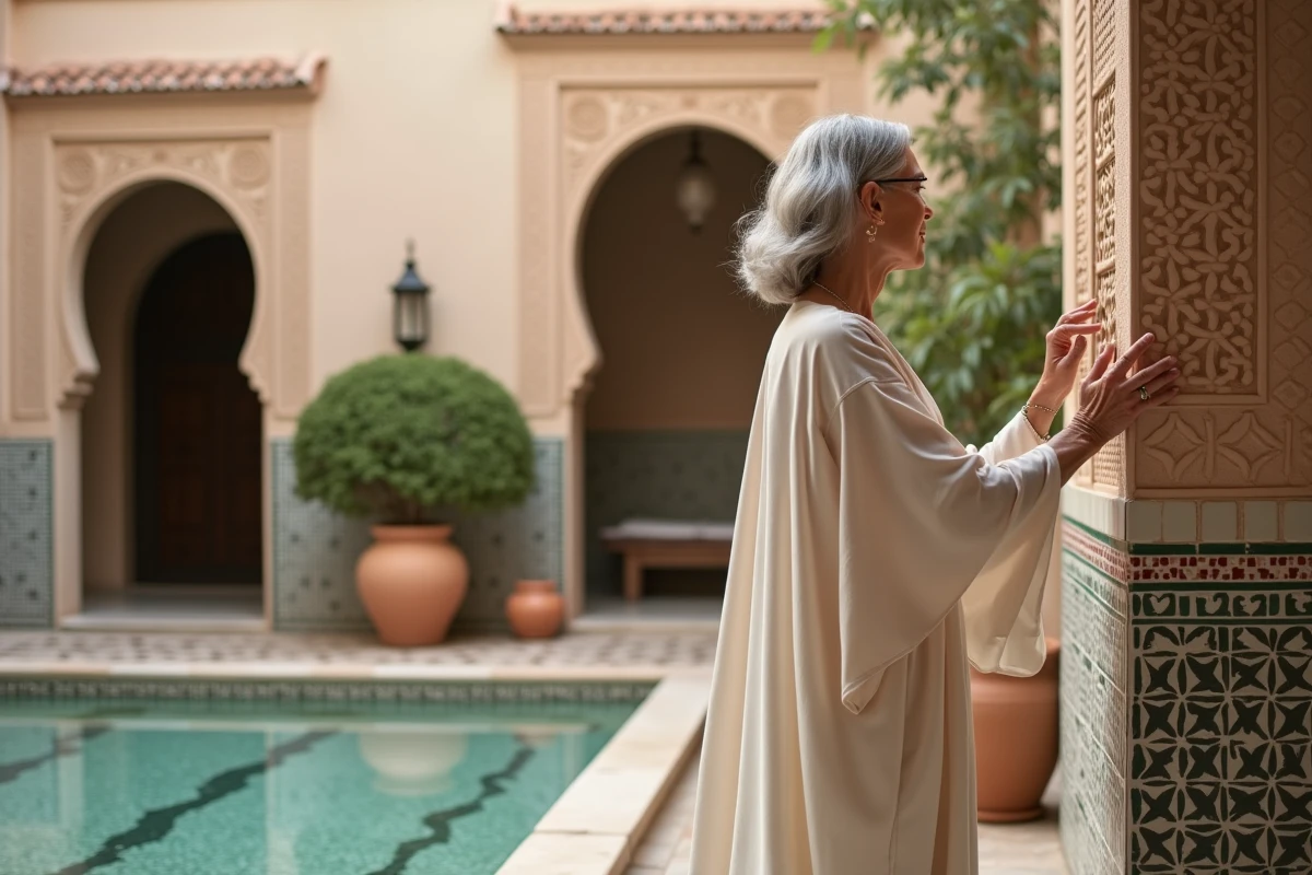 Femme &eacute;l&eacute;gante dans la cour int&eacute;rieure d'un riad marocain restaur&eacute; avec fontaine en mosa&iuml;que et d&eacute;cor traditionnel &agrave; Marrakech