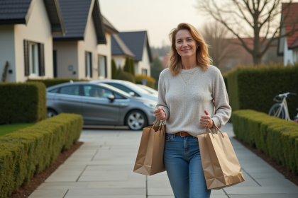 Femme moyenne âge portant jeans et pull léger avec sacs de courses devant maison