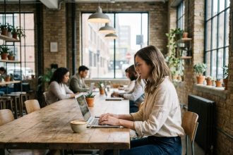 Femme travaillant dans un espace de coworking moderne avec tables en bois, briques apparentes et vue urbaine