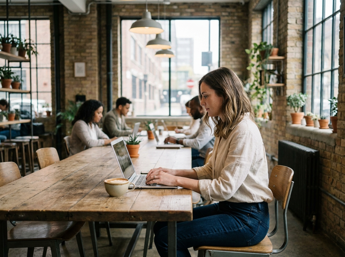 Femme travaillant dans un espace de coworking moderne avec tables en bois, briques apparentes et vue urbaine