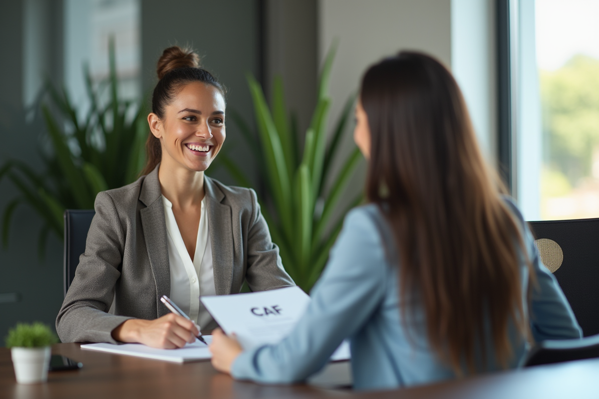 Femme professionnelle discutant avec un client dans un bureau lumineux