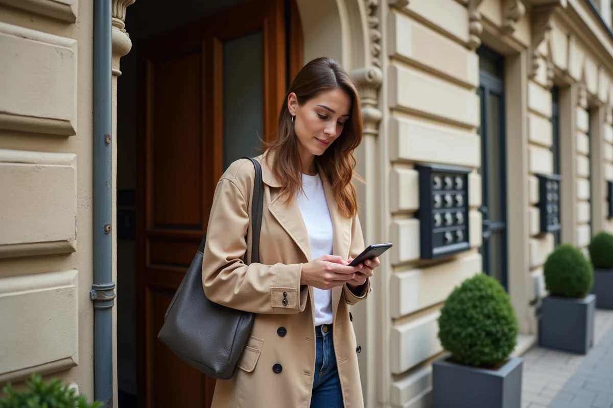 Femme en trench entre dans un immeuble parisien traditionnel