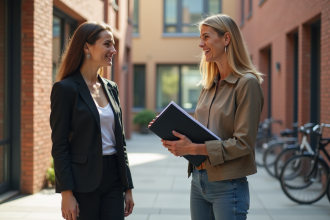 Femme et étudiant discutent dans la cour ensoleillée