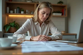 Femme d'âge moyen examinant des documents de logement à la cuisine