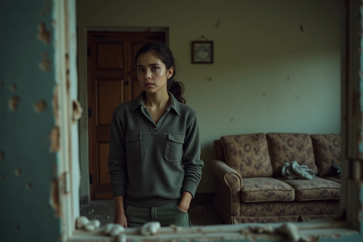 Jeune femme regardant par une fenêtre cassée dans une maison