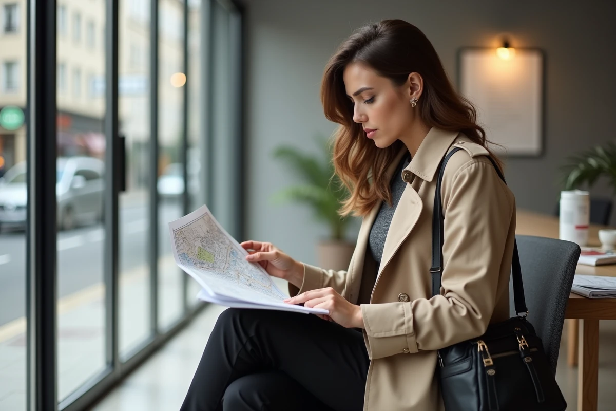 Jeune femme professionnelle examinant un plan dans une agence immobiliere