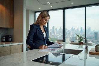 Femme en costume navy examinant un rapport immobilier dans un appartement moderne