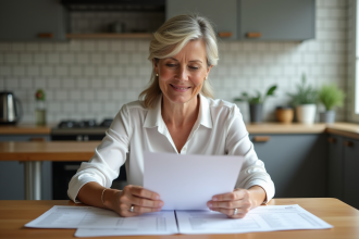 Femme d'âge moyen souriante lisant des papiers d'impôts à la maison
