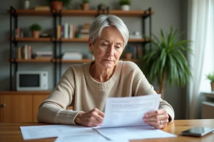 Femme d'âge moyen examinant des documents fiscaux à la maison