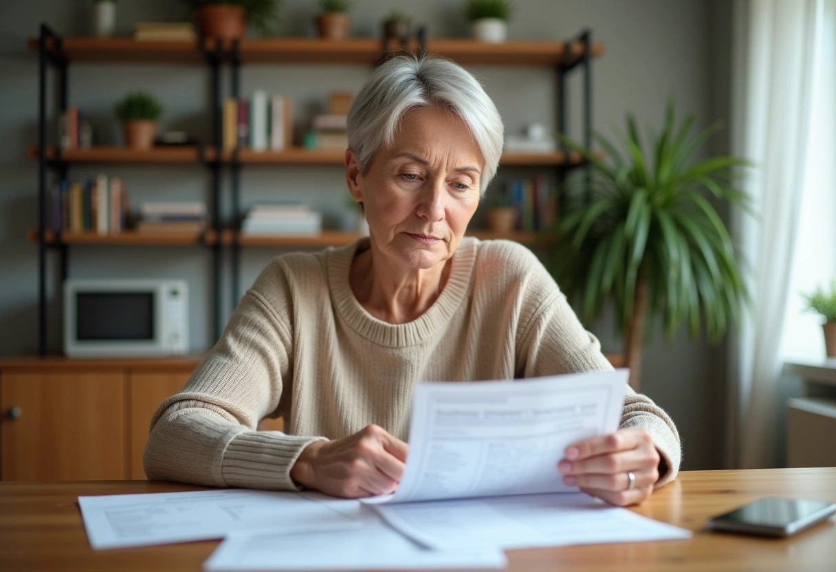 Femme d'âge moyen souriante lisant des papiers d'impôts à la maison