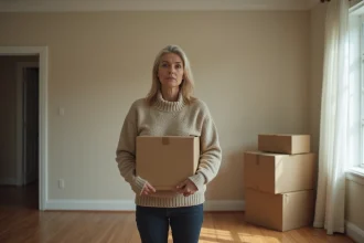 Femme seule dans une maison vide à vendre lors d'un divorce, tenant un carton de déménagement avec une expression de stress