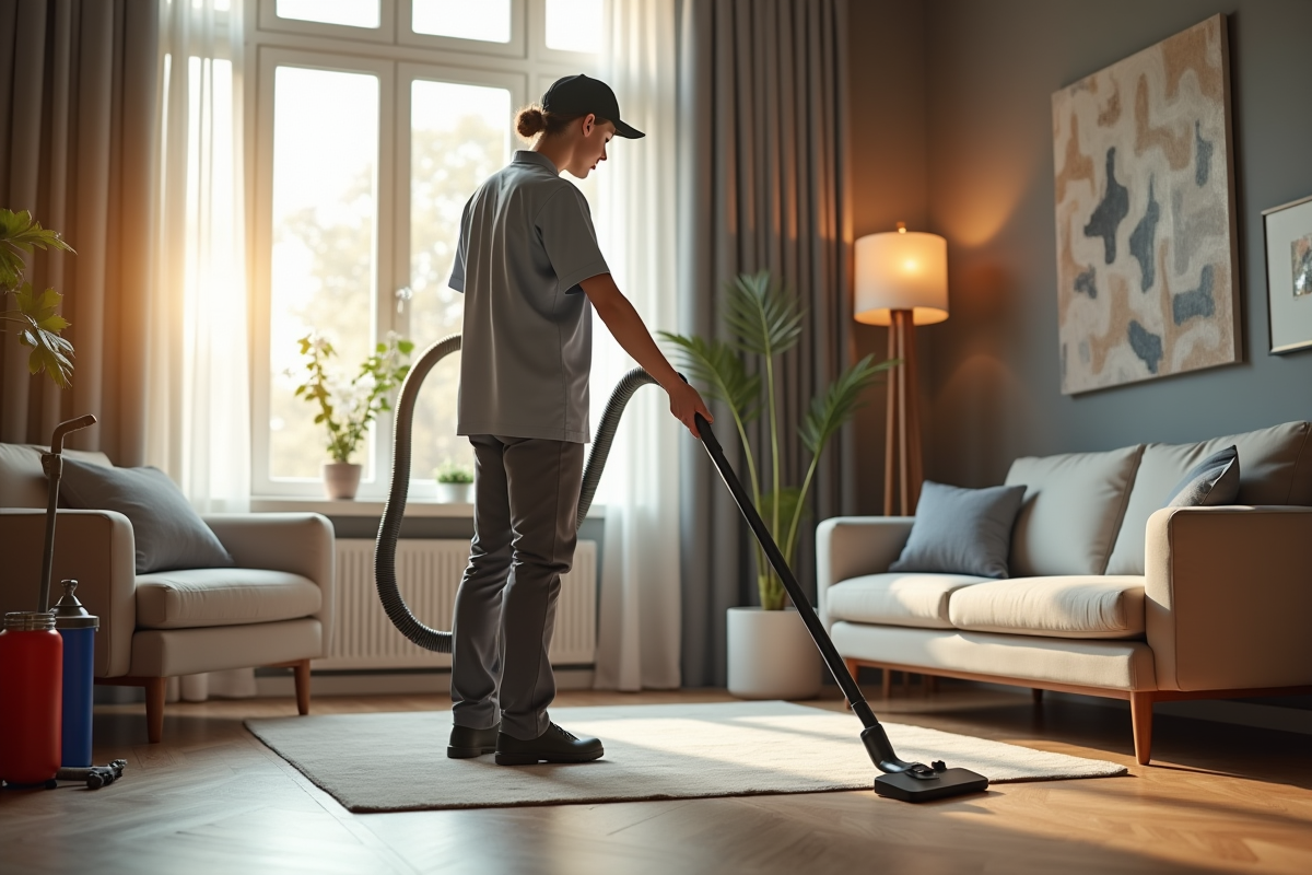 Agent de nettoyage professionnel aspirant le sol d