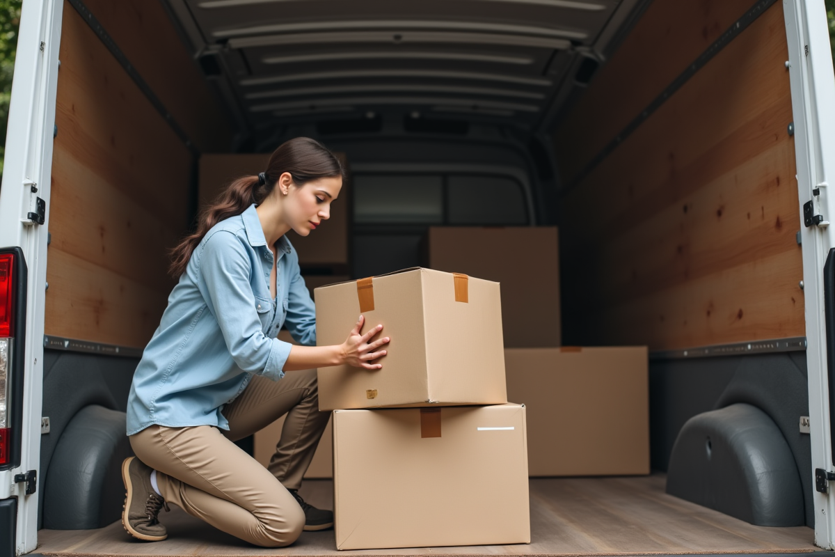 Femme organisant des cartons dans un camion de déménagement urbain