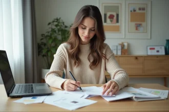 Femme en intérieur organise des documents administratifs