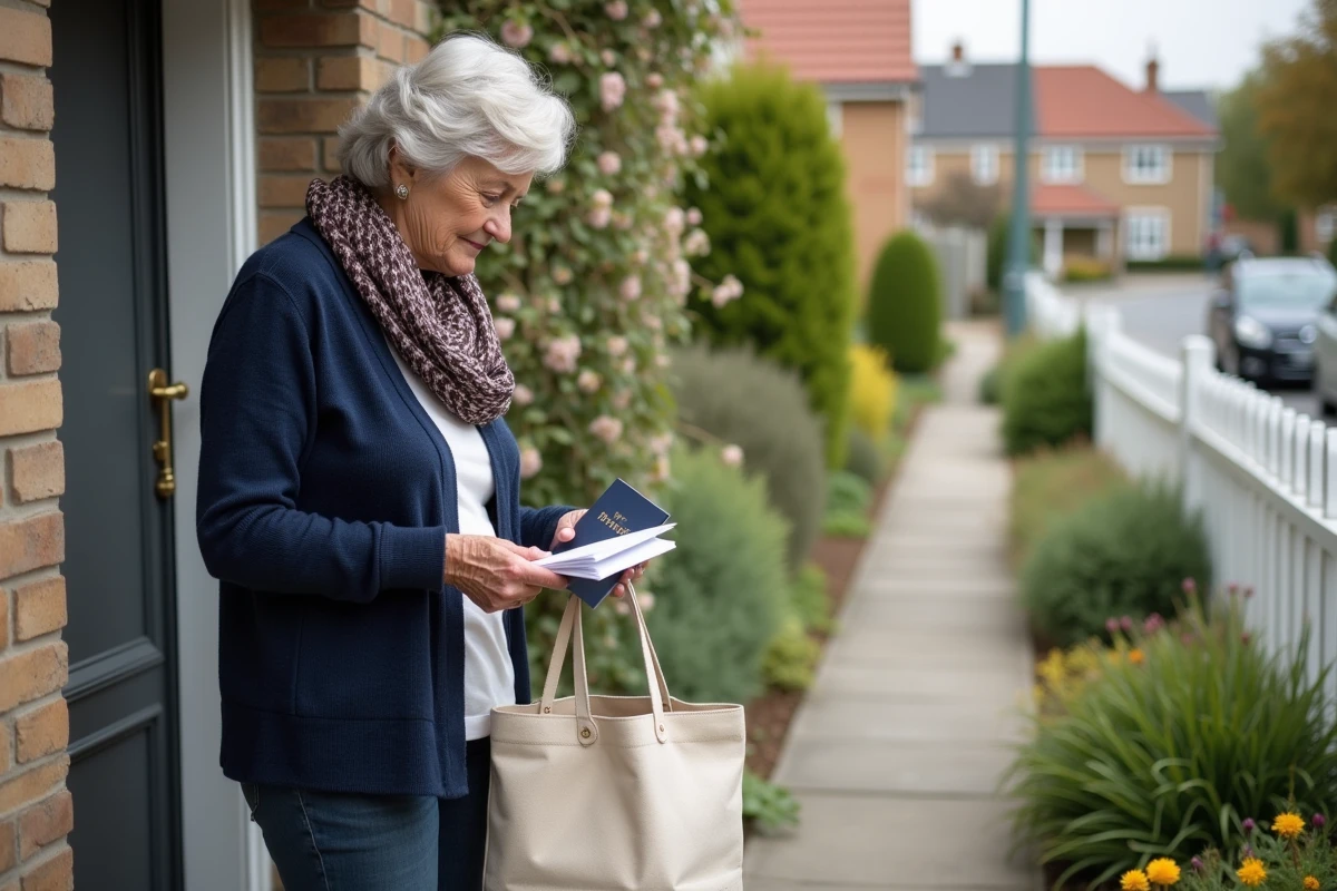 Femme âgée rangeant des papiers dans une maison de banlieue