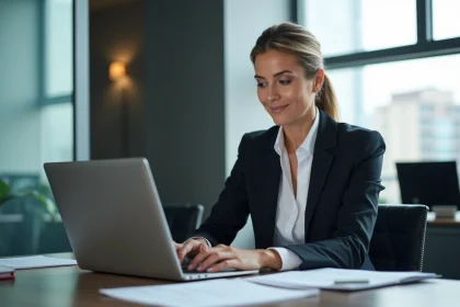 Femme professionnelle en bureau moderne avec ordinateur portable